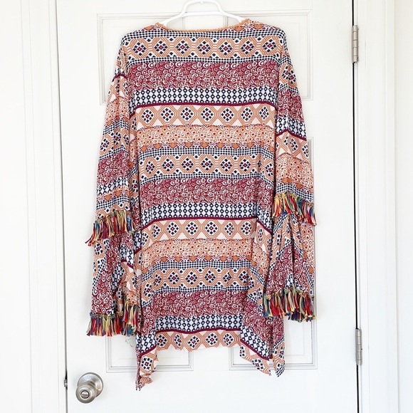 VELZERA tunic dress size XL red blue yellow beach coverup fringe - Picture 2 of 9